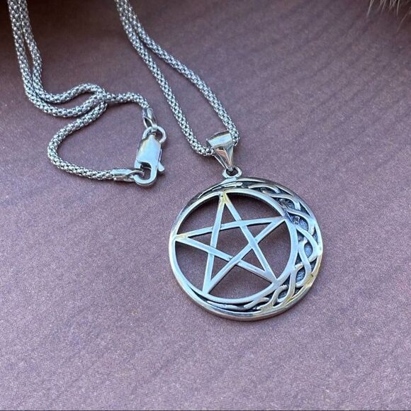 Celtic Crescent Moon And Star Sterling Silver Necklace Popcorn Chain - Picture 6 of 7